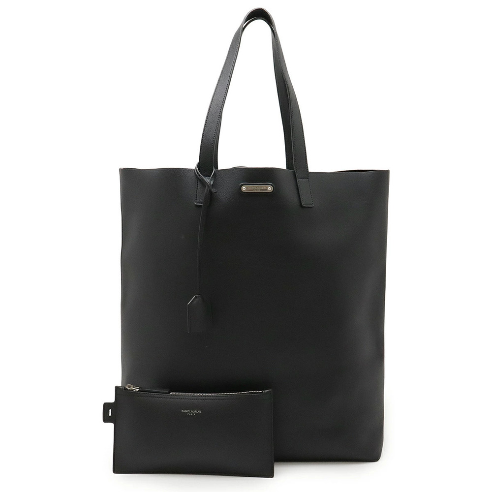 SAINT LAURENT PARIS YSL Sac Shopping Tote Bag Leather Black Pouch
